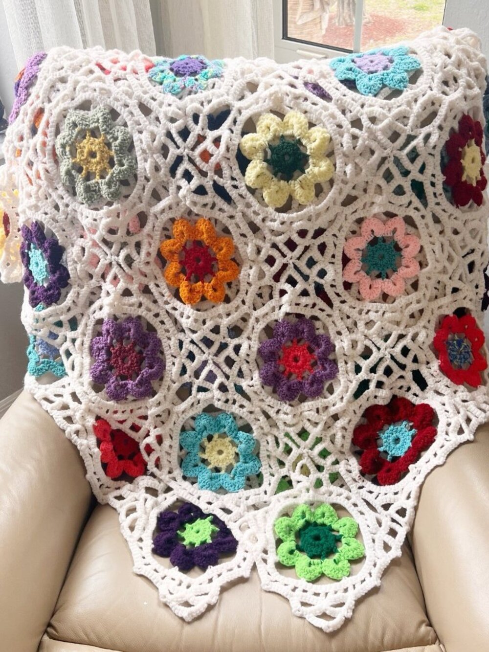 Colorful Fancy Granny Square w/ White Border Crochet Afghan Blanket Throw 50x100